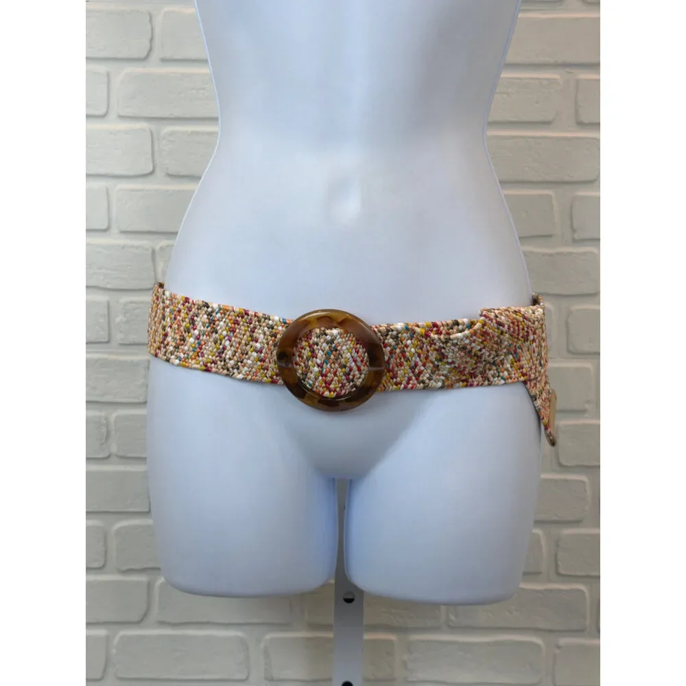 Woven Multicolor Stretch Belt Tortoise Round Buckle One Size